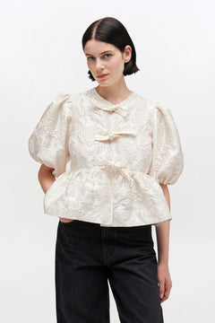 Satin Cloque Peplum Blouse - Egret