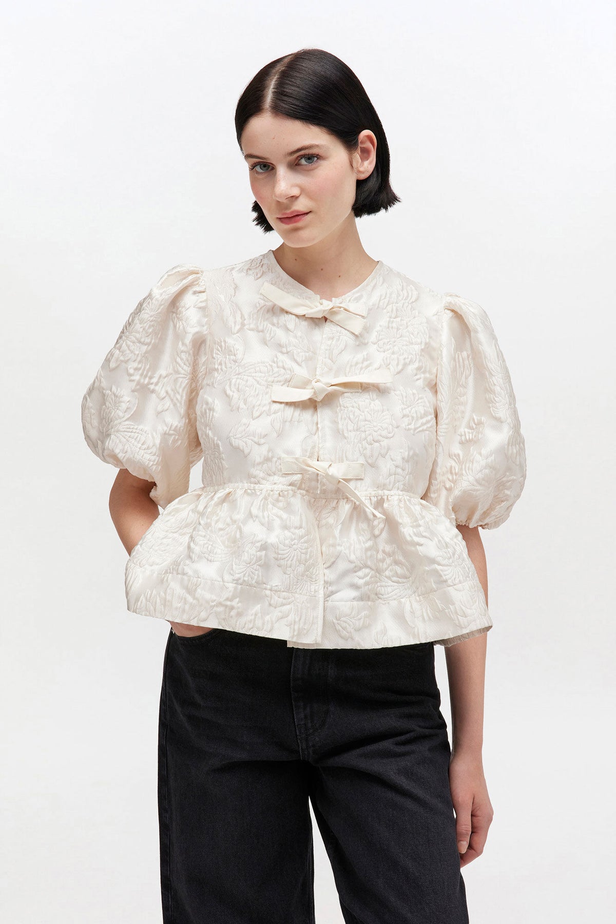 Satin Cloque Peplum Blouse - Egret