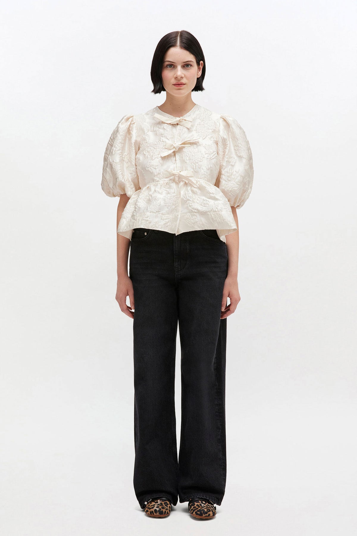 Satin Cloque Peplum Blouse - Egret