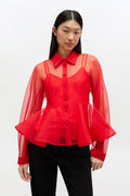 Textured Organza Peplum Shirt - Mars Red
