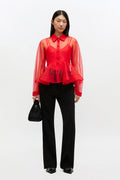 Textured Organza Peplum Shirt - Mars Red