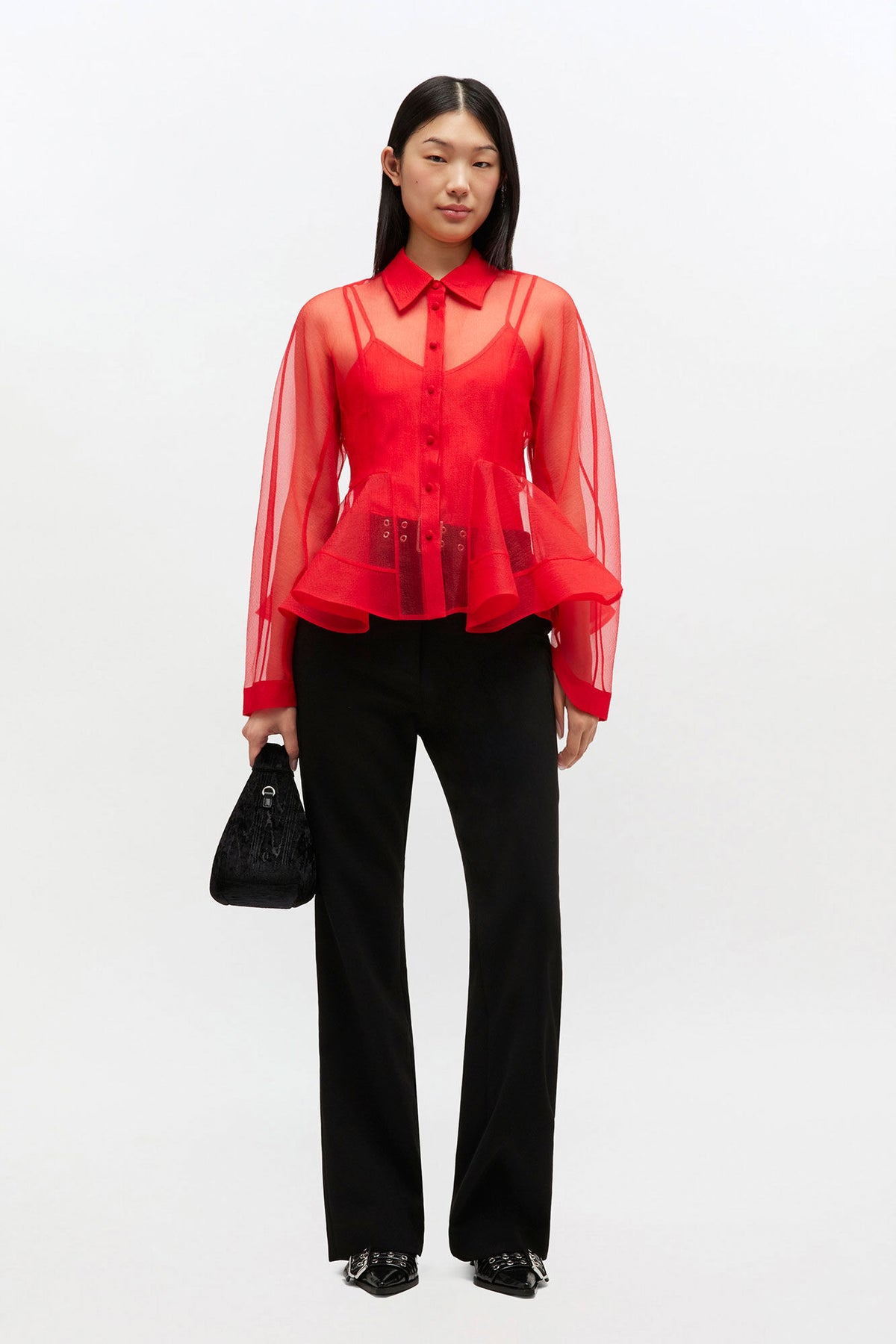 Textured Organza Peplum Shirt - Mars Red