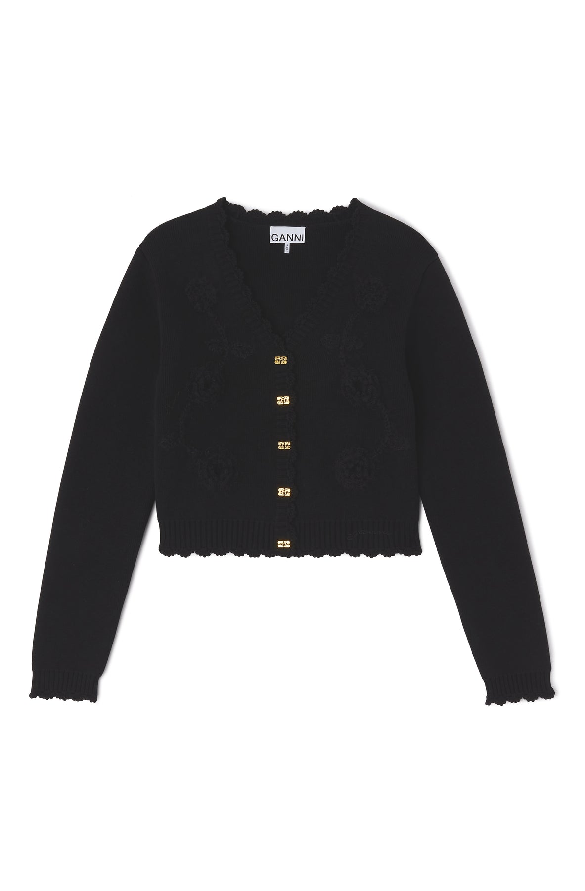 Cotton Cashmere Crochet Applique Cardigan - Black