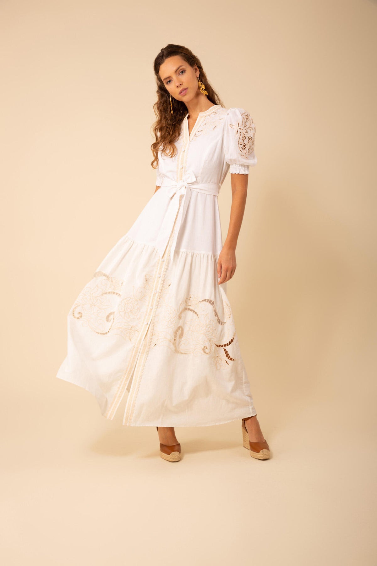 Ruth Long Dress W Embrodery - Ivory