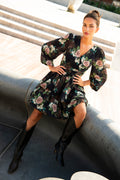 Jade Wave Flower Dress - Black