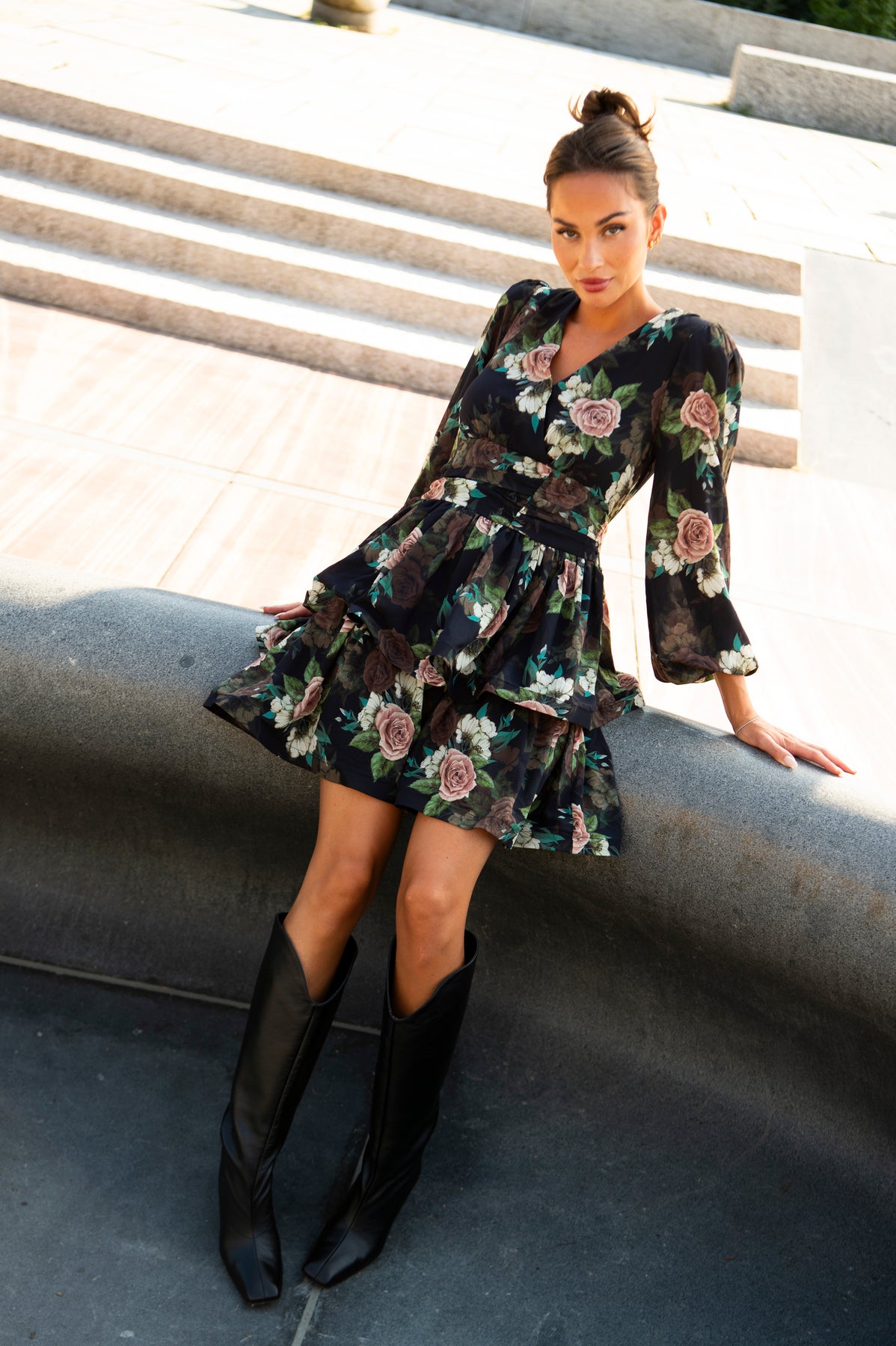 Jade Wave Flower Dress - Black
