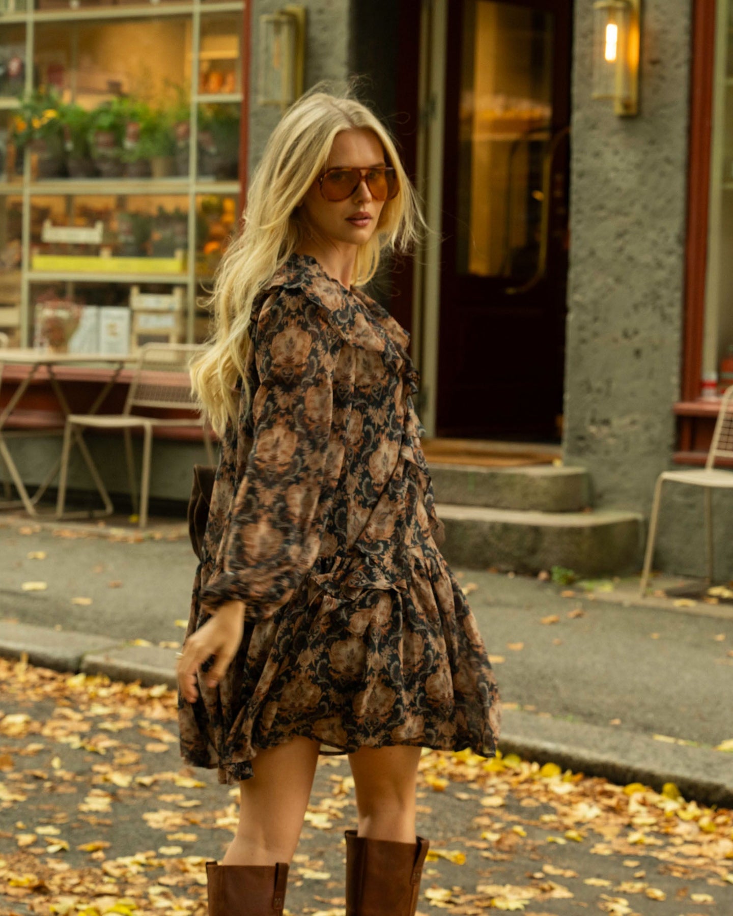 Hellvi Ruffle Chiffon Dress - Beige Paisley