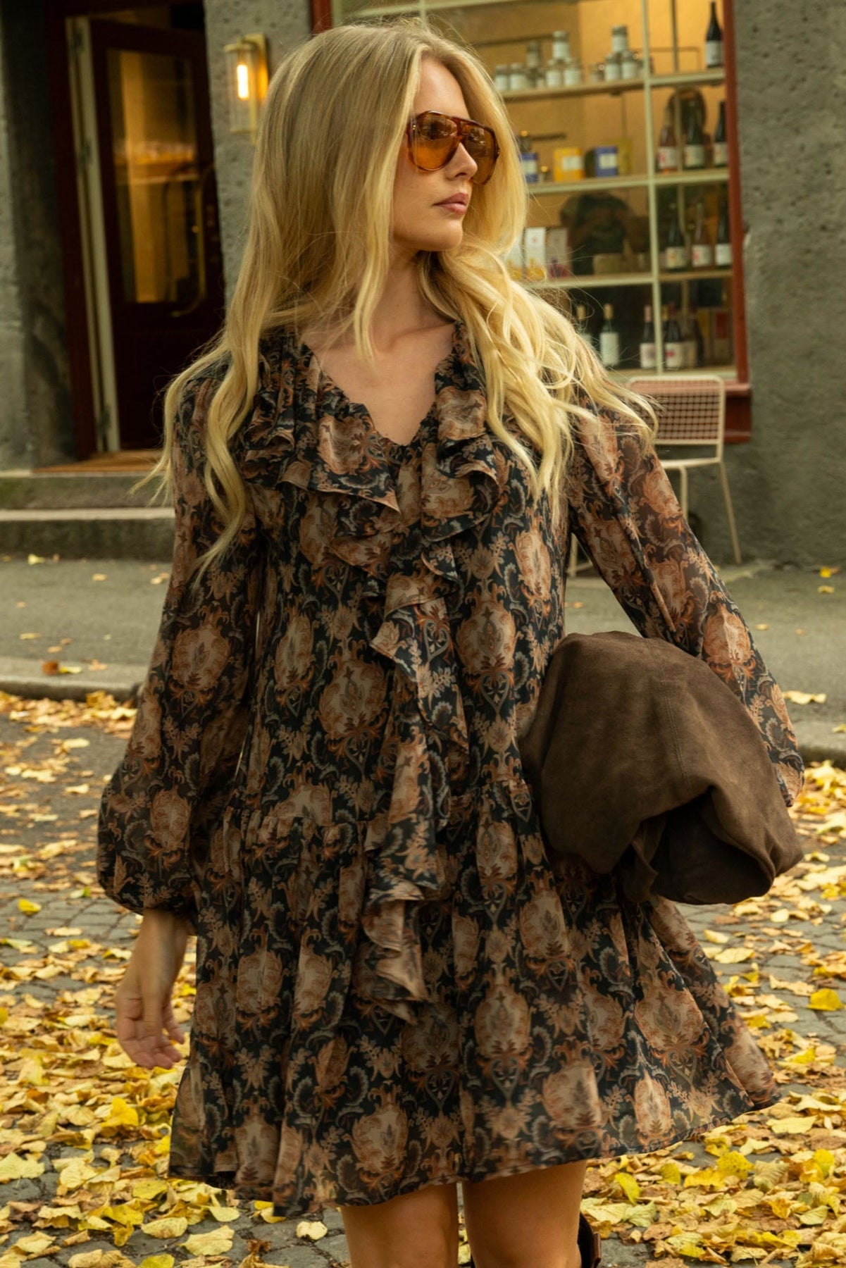 Hellvi Ruffle Chiffon Dress - Beige Paisley