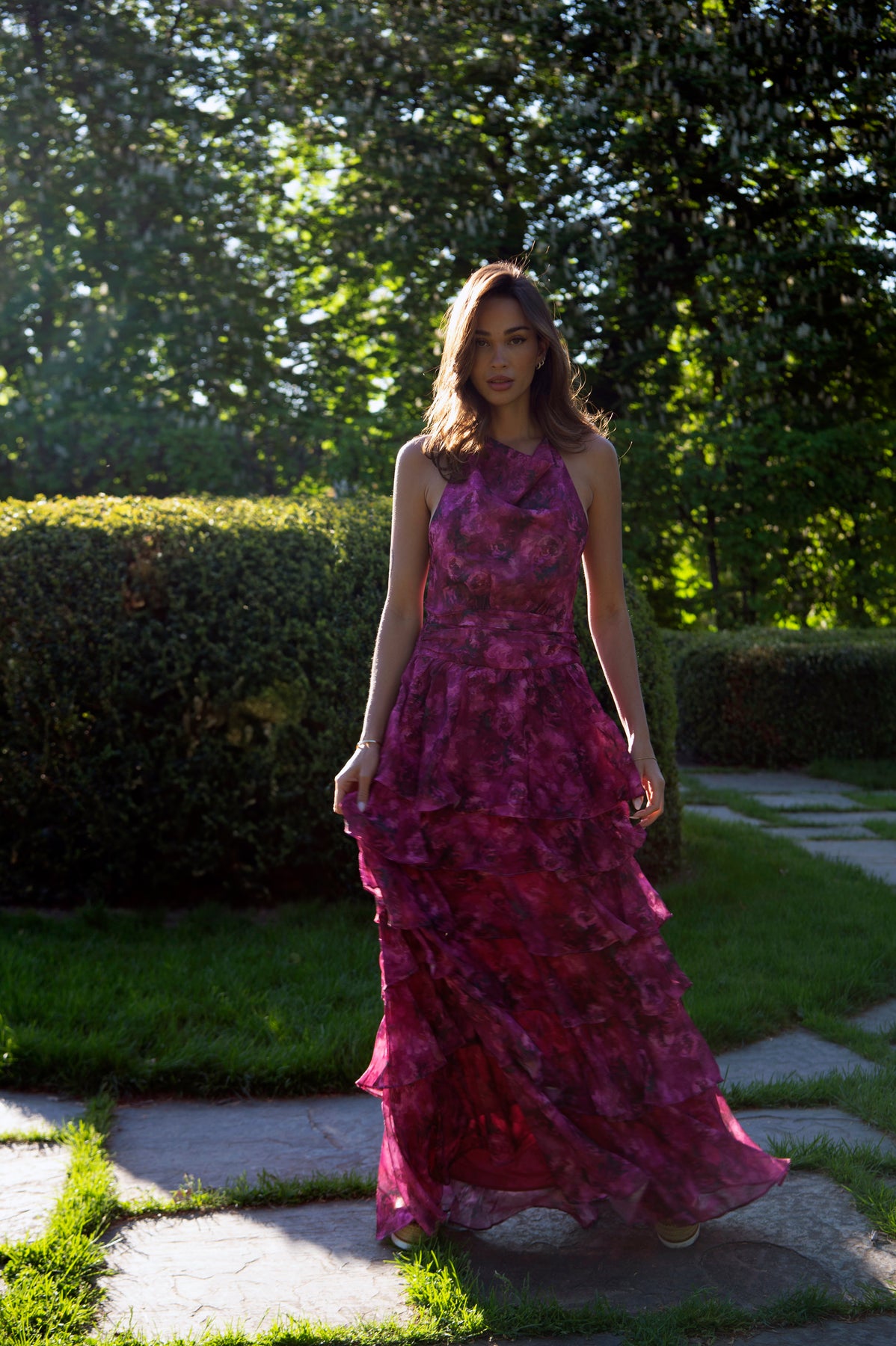Inga Halter Maxi Dress - Fuchsia Flower