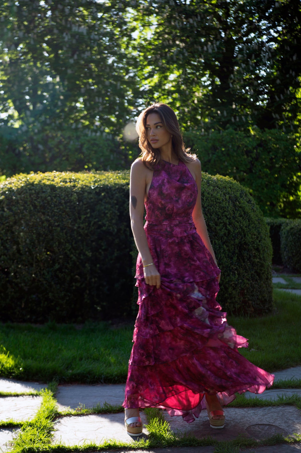Inga Halter Maxi Dress - Fuchsia Flower