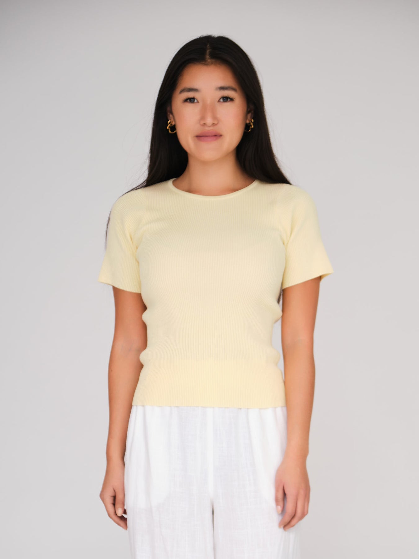 Rib Knit Short Sleeve Top - Pale Yellow