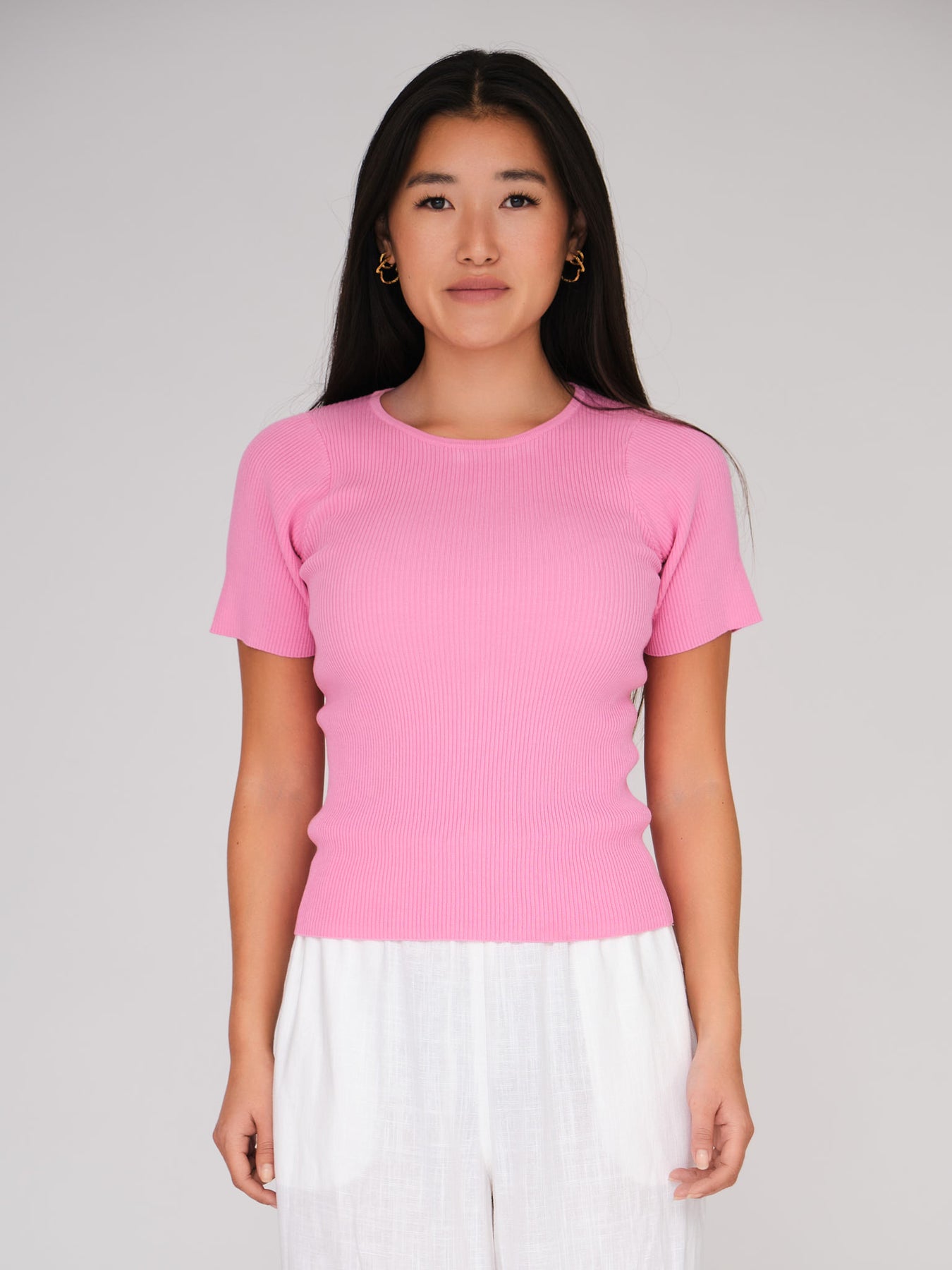 Rib Knit Short Sleeve Top - Pink