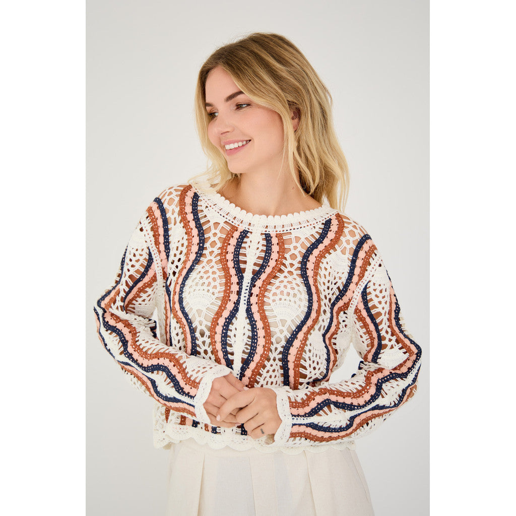 California Crochet Blouse - Vit/Persika/Marinblå