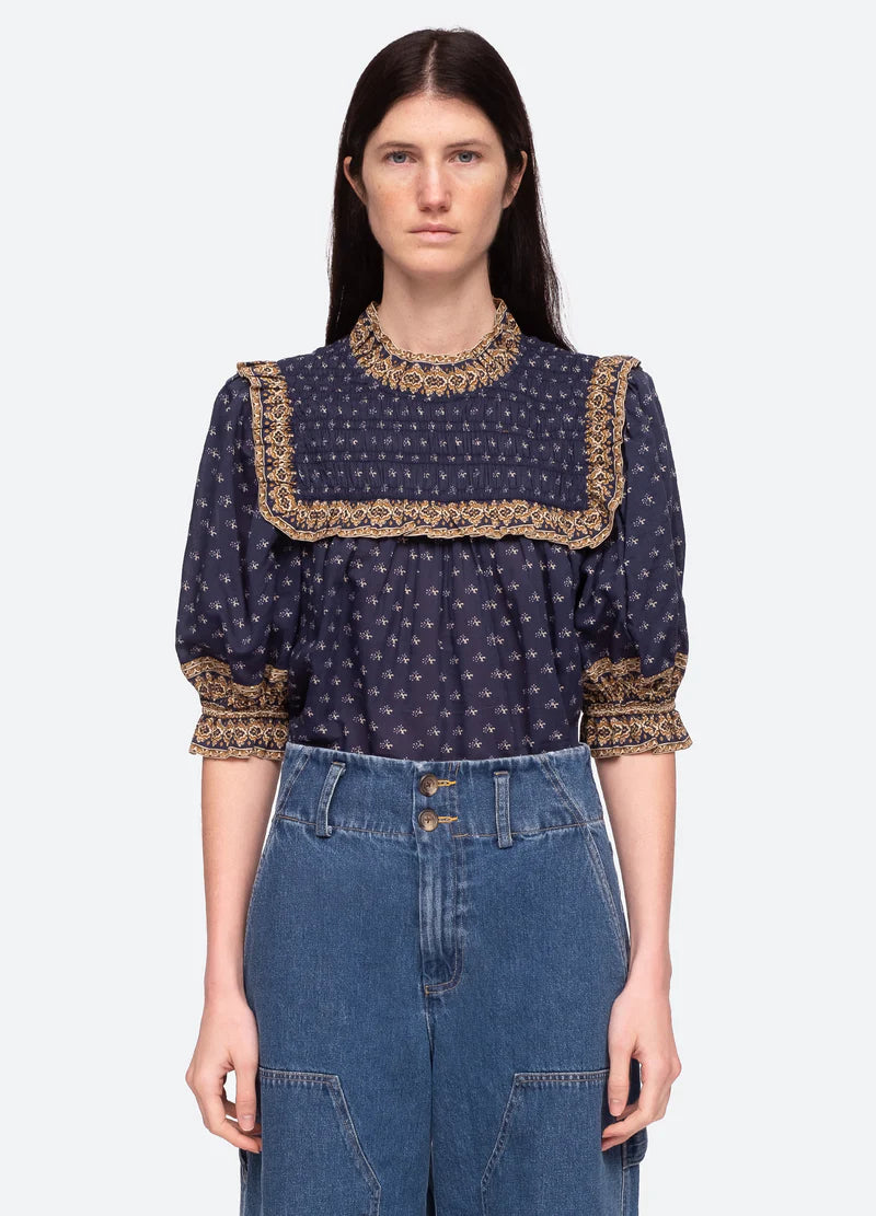 Arlita Print Puff Slv Top - Navy