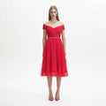 Chiffon Off Shoulder Midi Dress - Red