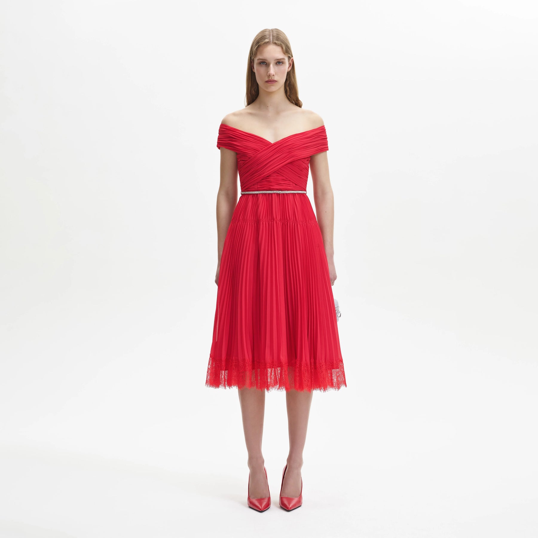 Chiffon Off Shoulder Midi Dress - Red