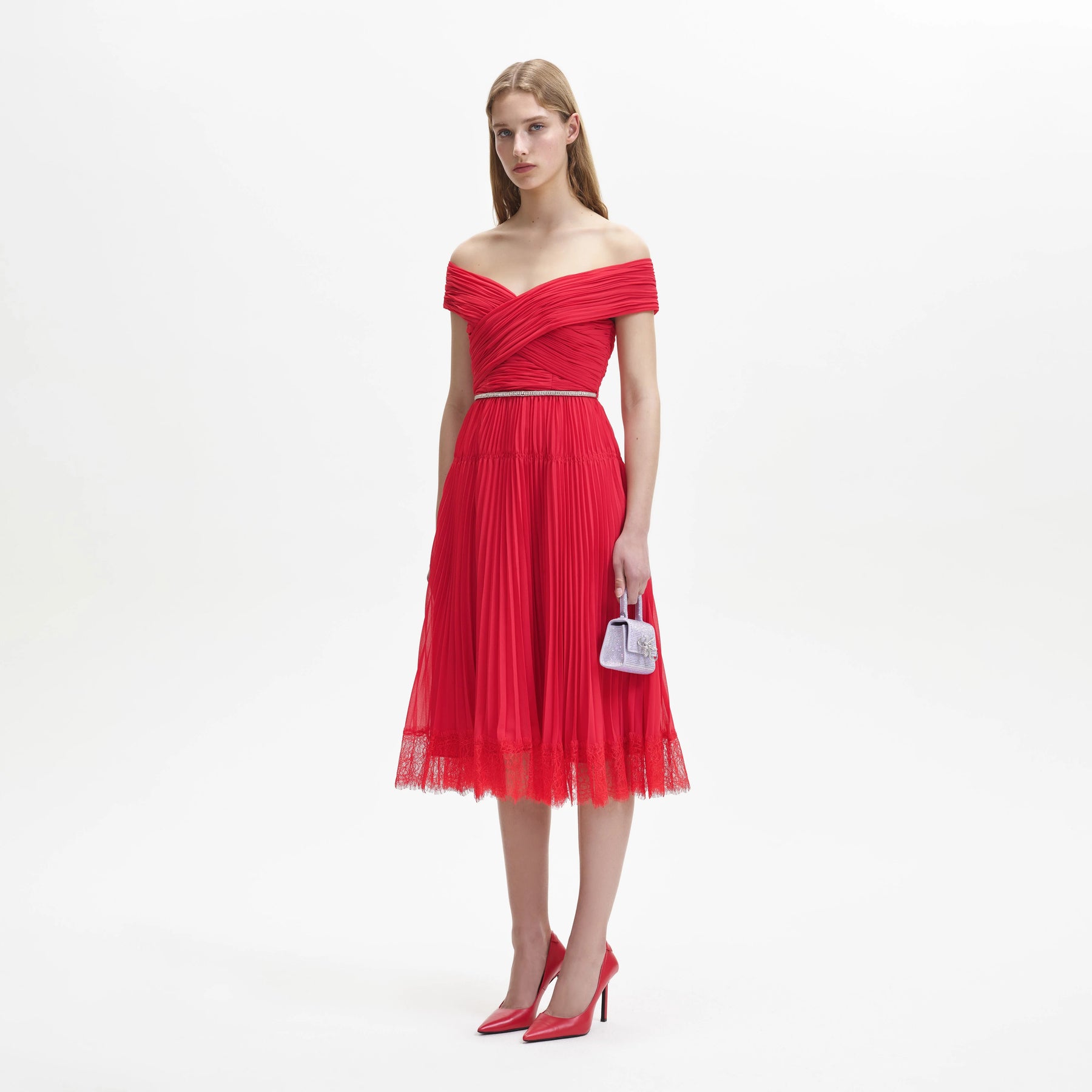 Chiffon Off Shoulder Midi Dress - Red