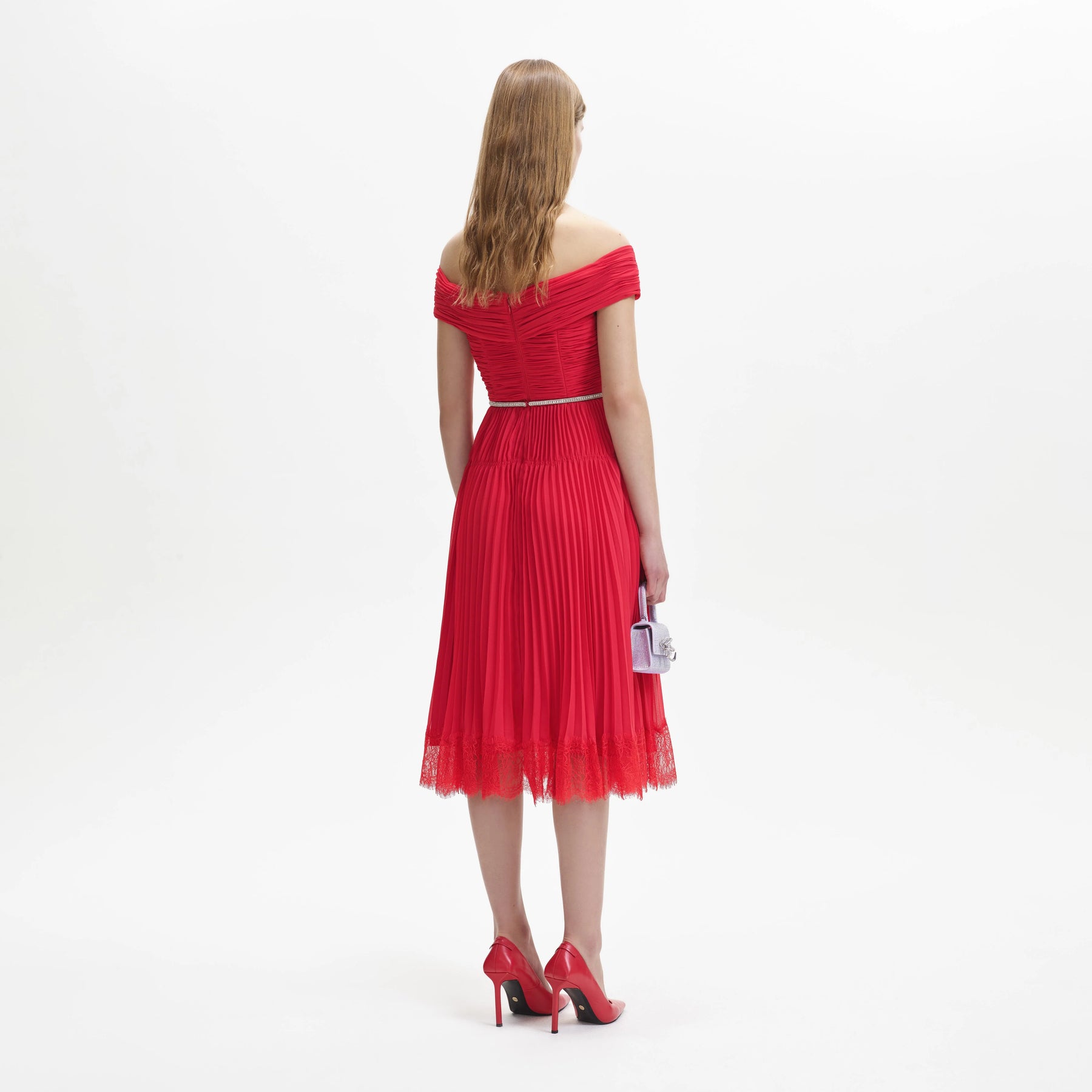 Chiffon Off Shoulder Midi Dress - Red