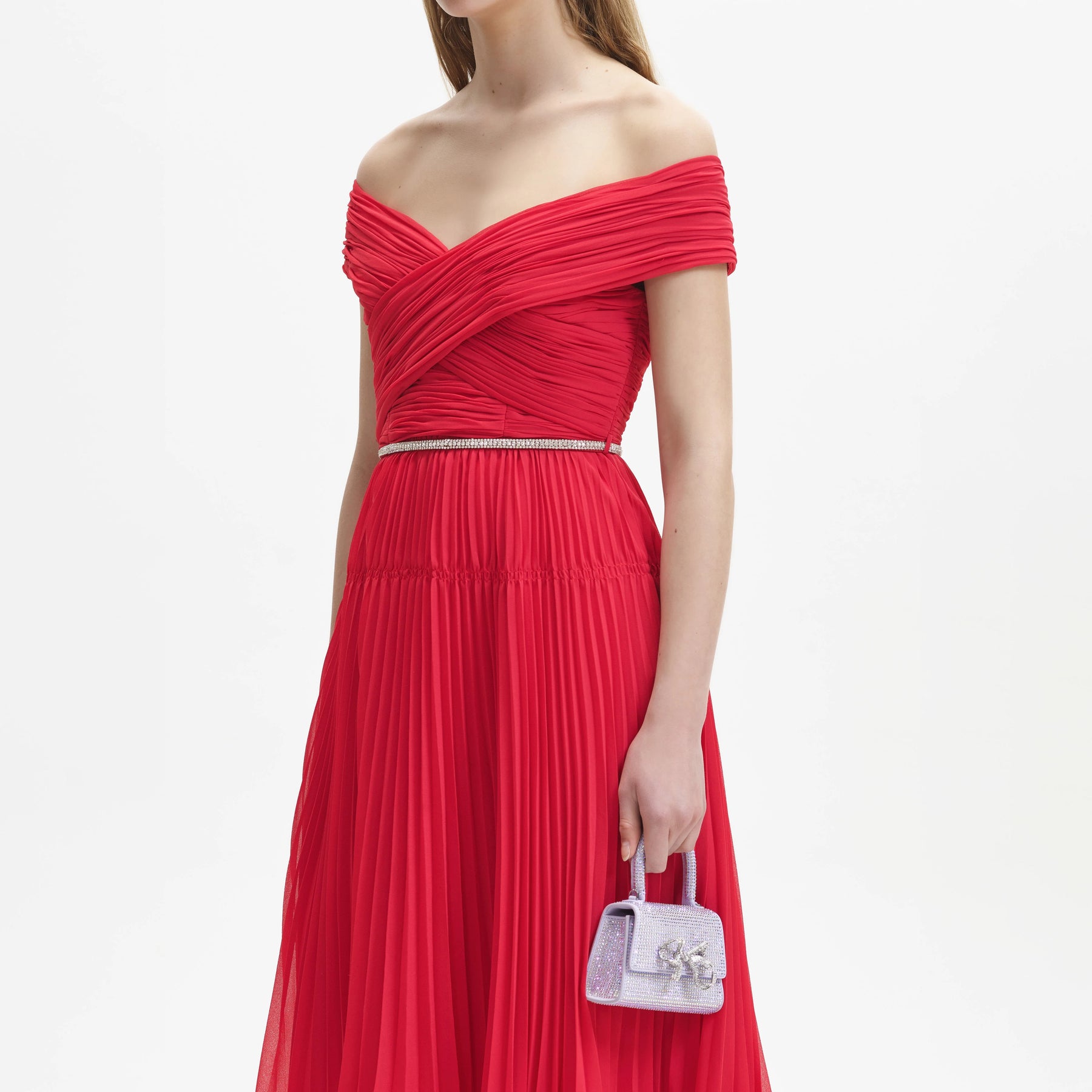 Chiffon Off Shoulder Midi Dress - Red