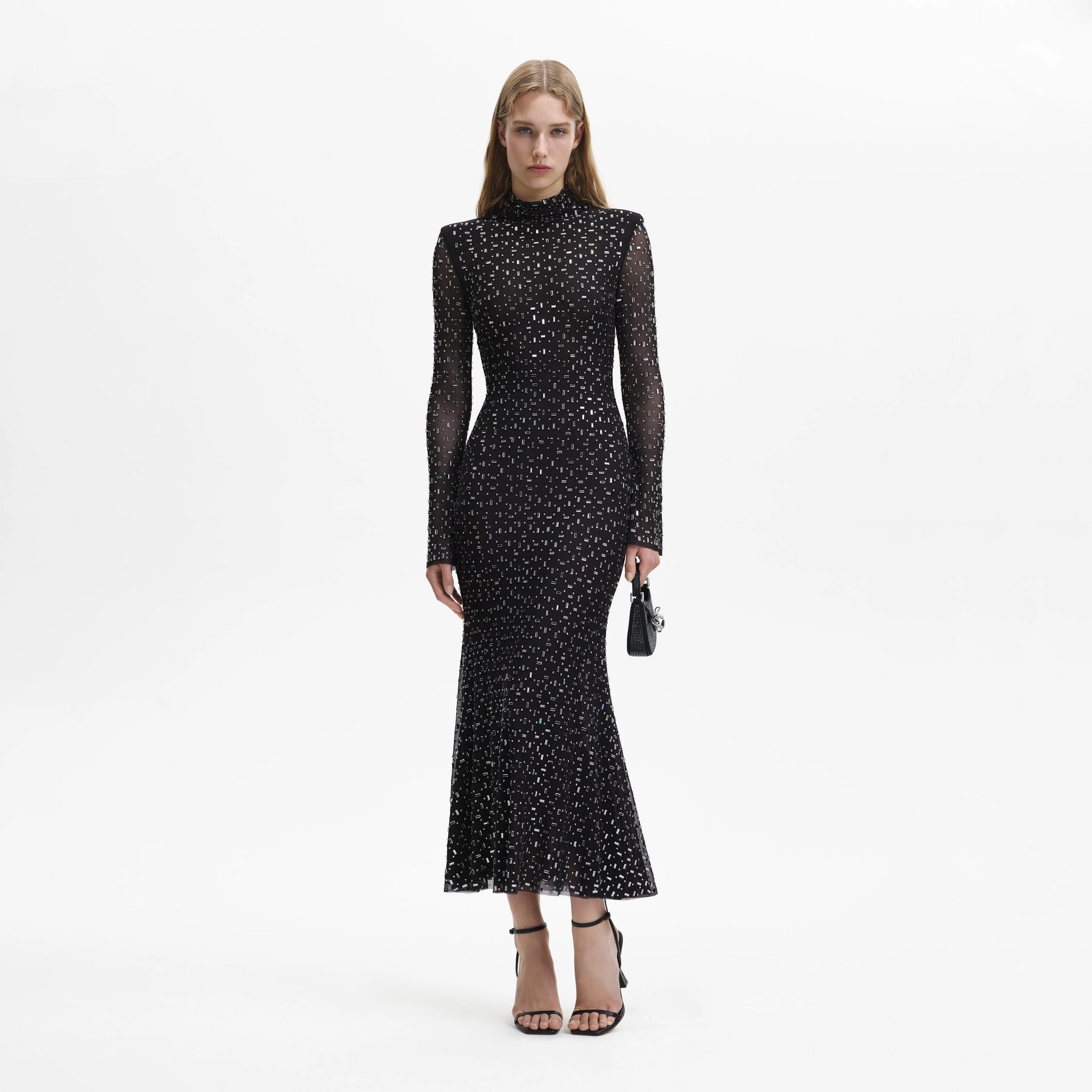 Square Rhinestone Mesh Midi Dress - Black