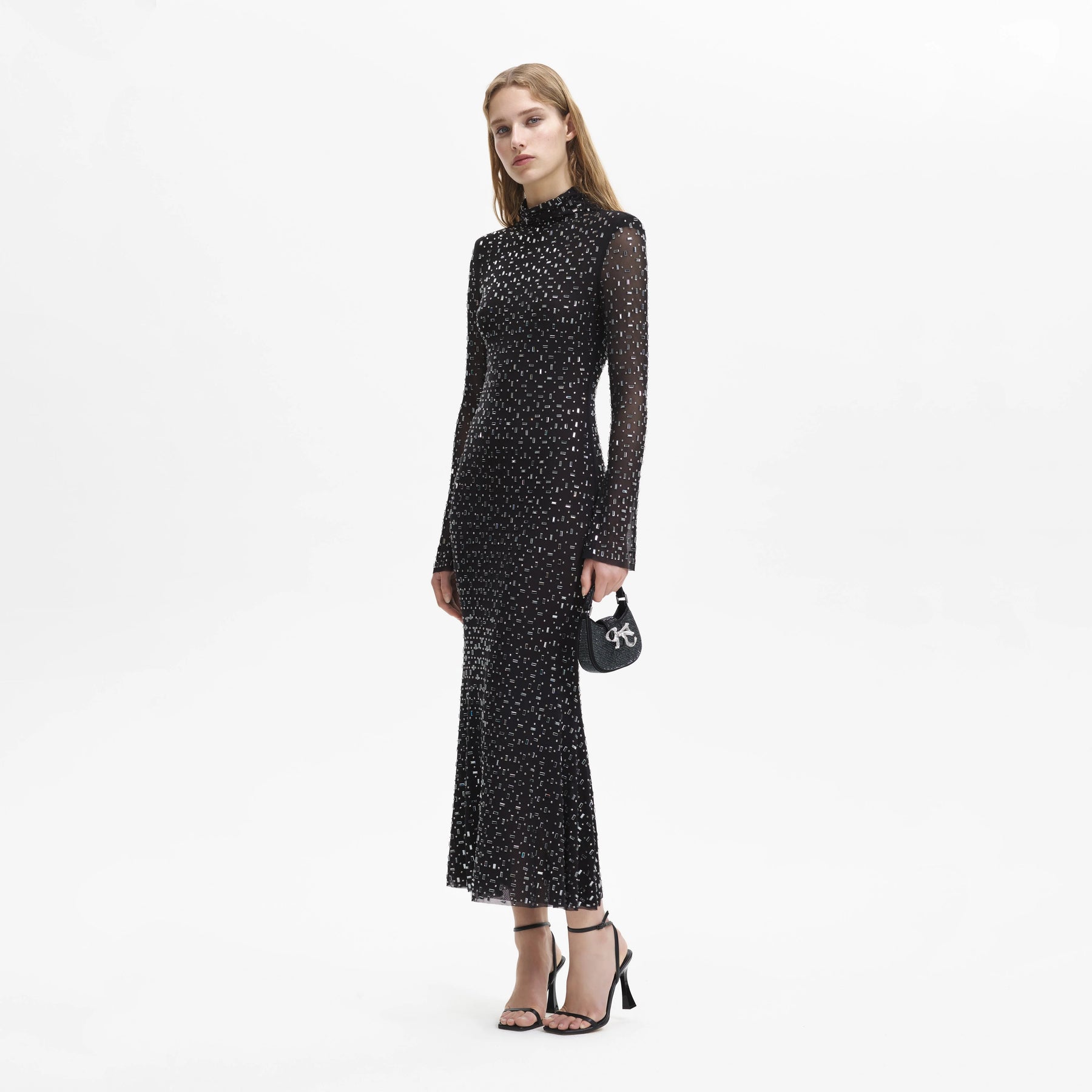 Square Rhinestone Mesh Midi Dress - Black