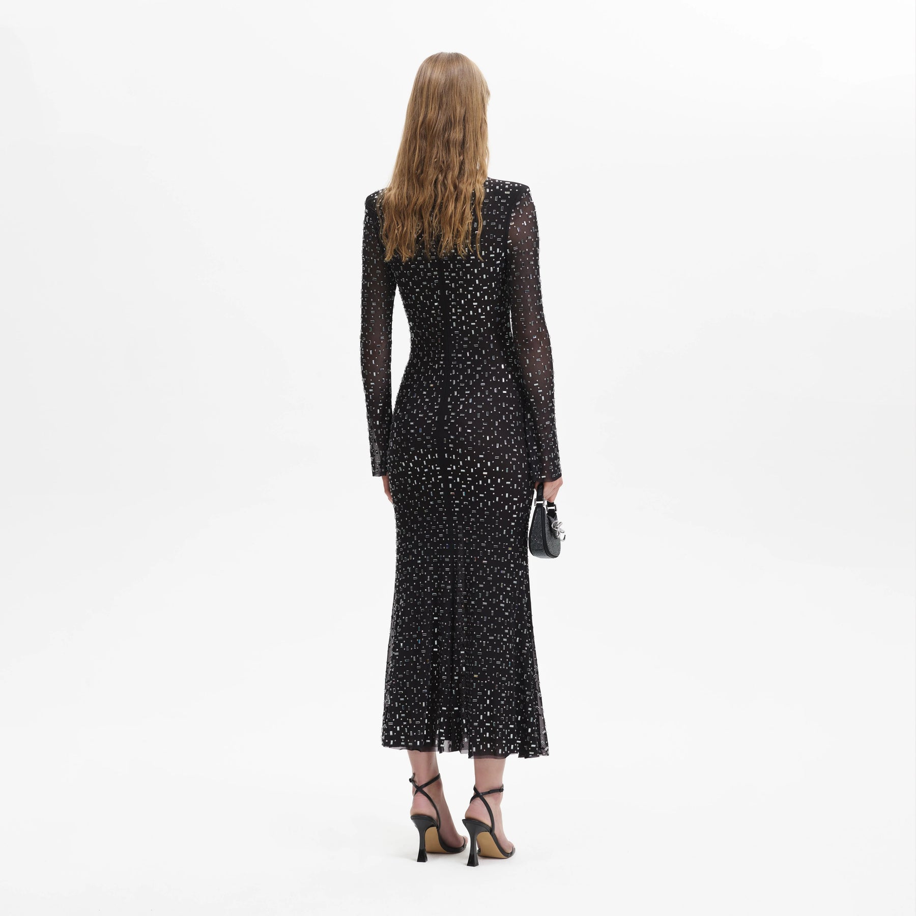 Square Rhinestone Mesh Midi Dress - Black