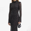 Square Rhinestone Mesh Midi Dress - Black