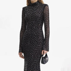 Square Rhinestone Mesh Midi Dress - Black