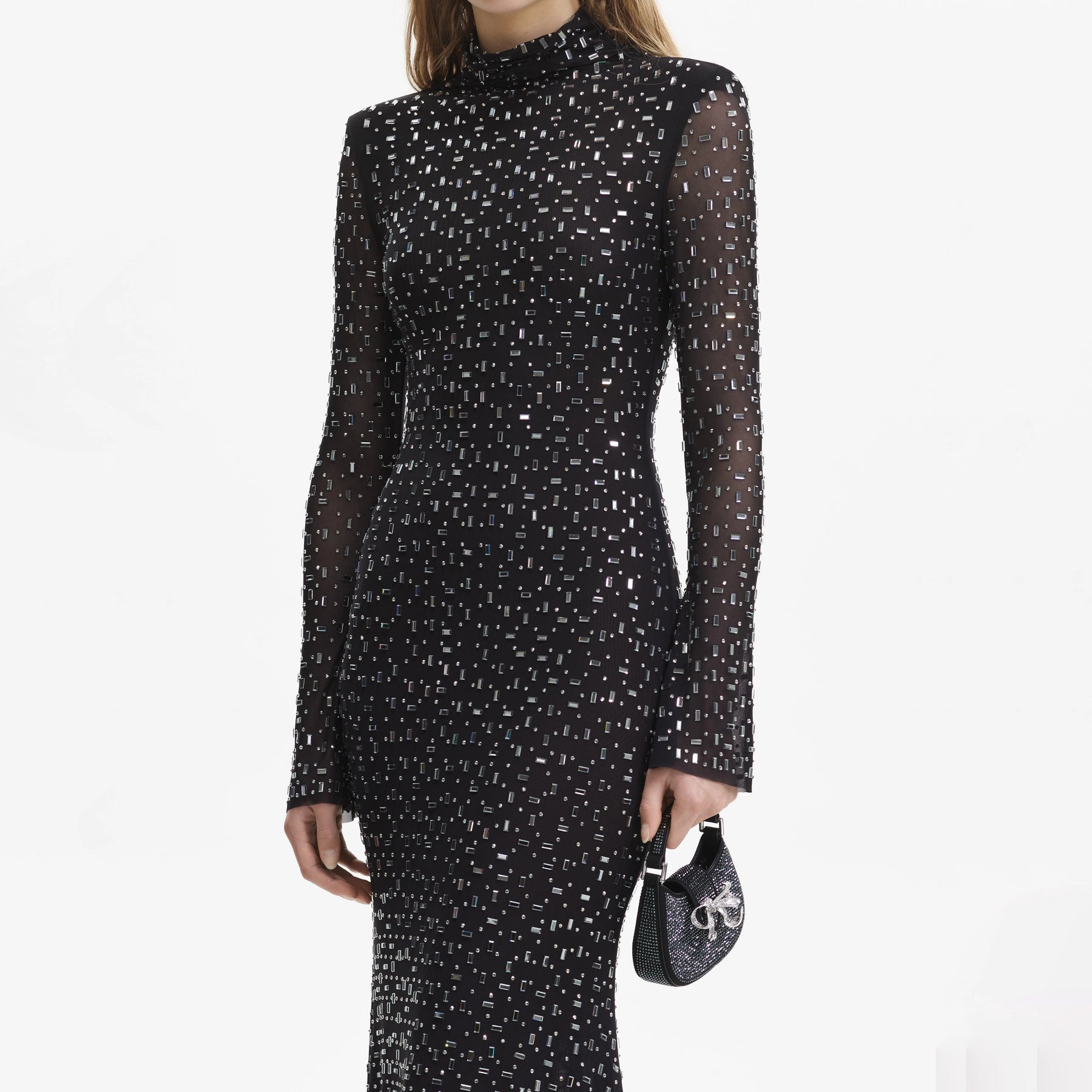 Square Rhinestone Mesh Midi Dress - Black