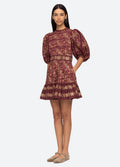 Giulia Print Puff Slv Pintucked Dress - Maroon