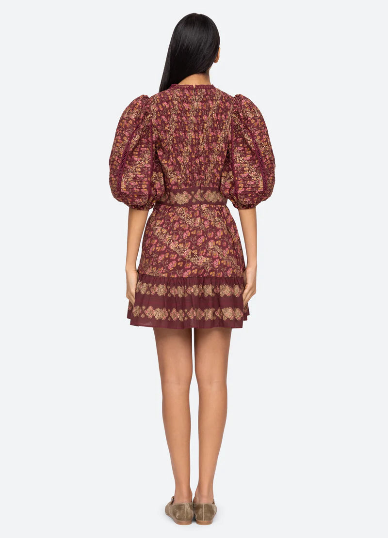 Giulia Print Puff Slv Pintucked Dress - Maroon