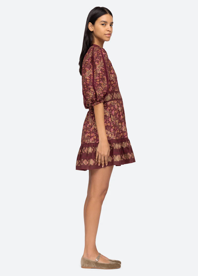 Giulia Print Puff Slv Pintucked Dress - Maroon