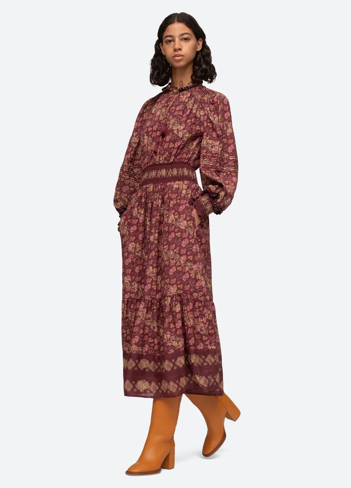 Giulia Print L/Slv Dress - Marron