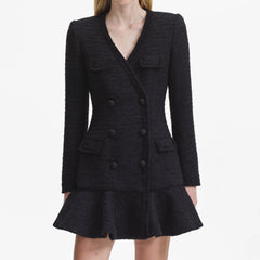 Boucle V-Neck Mini Dress - Black