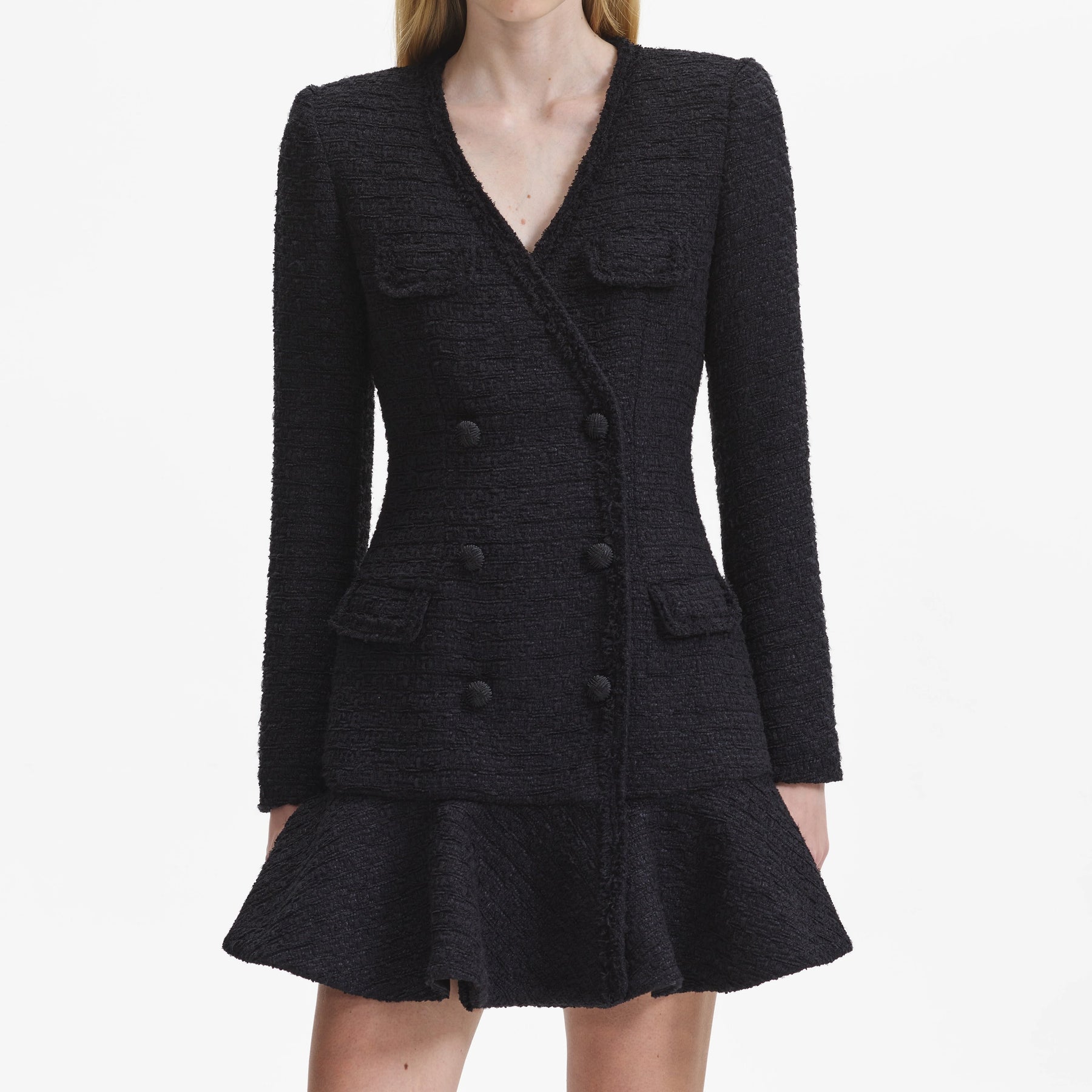Boucle V-Neck Mini Dress - Black