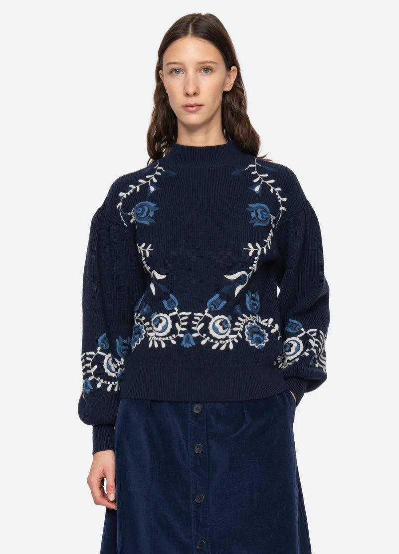 Inga Embroidery L/Slv High Neck Sweater - Navy