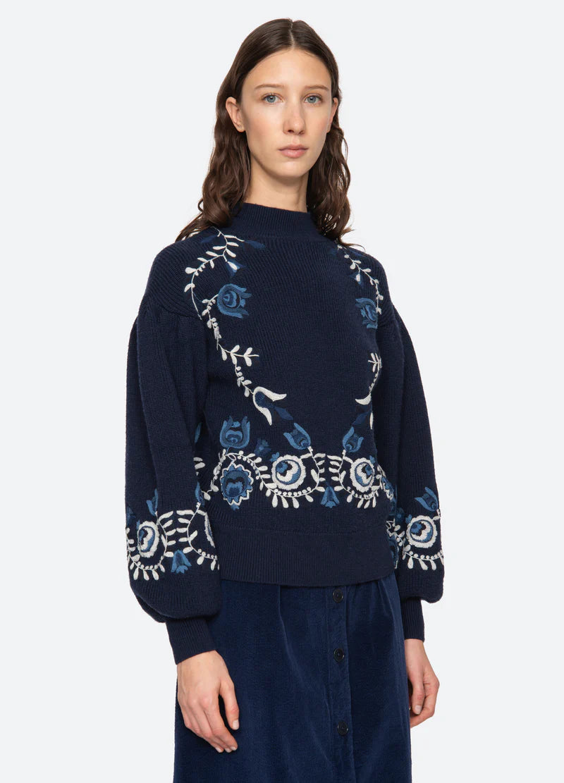 Inga Embroidery L/Slv High Neck Sweater - Navy