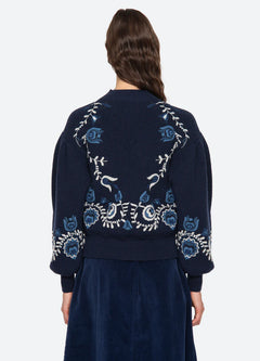 Inga Embroidery L/Slv High Neck Sweater - Navy