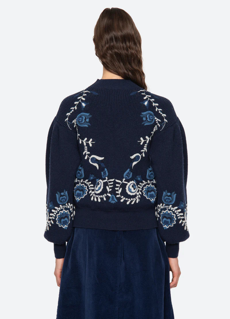 Inga Embroidery L/Slv High Neck Sweater - Navy