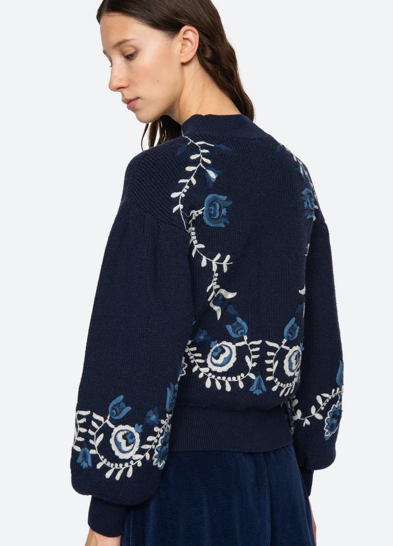 Inga Embroidery L/Slv High Neck Sweater - Navy