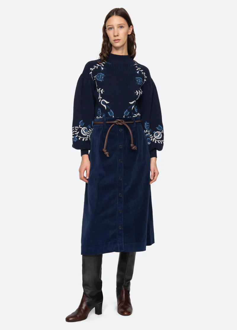 Inga Embroidery L/Slv High Neck Sweater - Navy