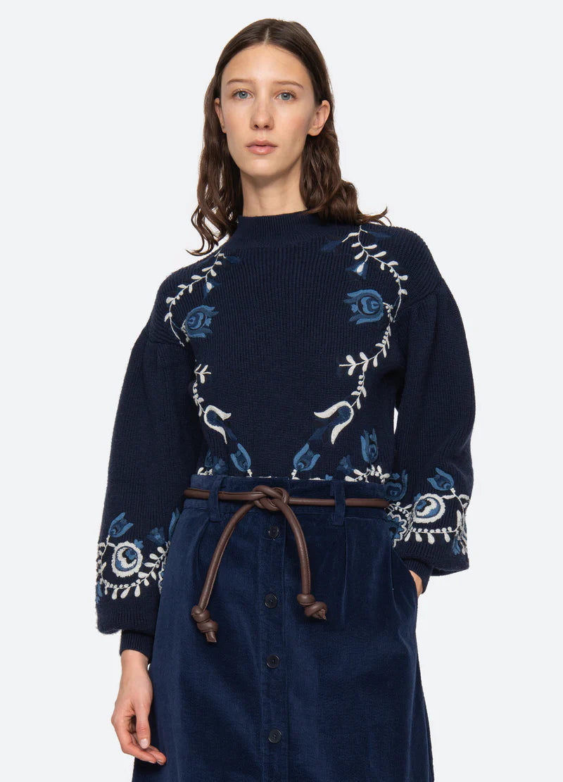 Inga Embroidery L/Slv High Neck Sweater - Navy