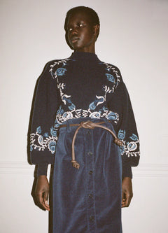 Inga Embroidery L/Slv High Neck Sweater - Navy