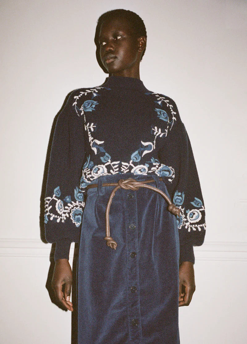 Inga Embroidery L/Slv High Neck Sweater - Navy