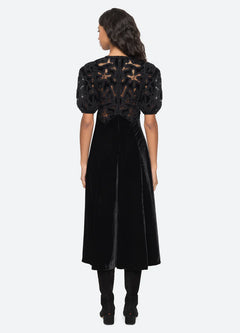 Alice Embroidery Velvet Puff Slv Dress - Black