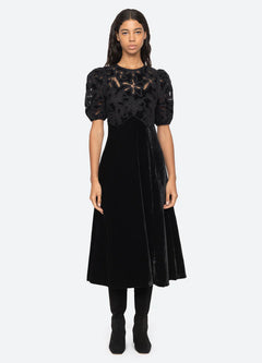 Alice Embroidery Velvet Puff Slv Dress - Black