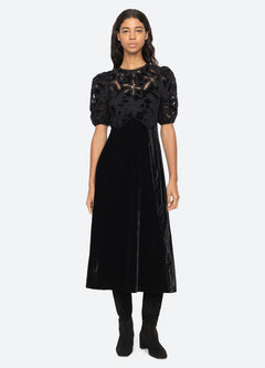 Alice Embroidery Velvet Puff Slv Dress - Black