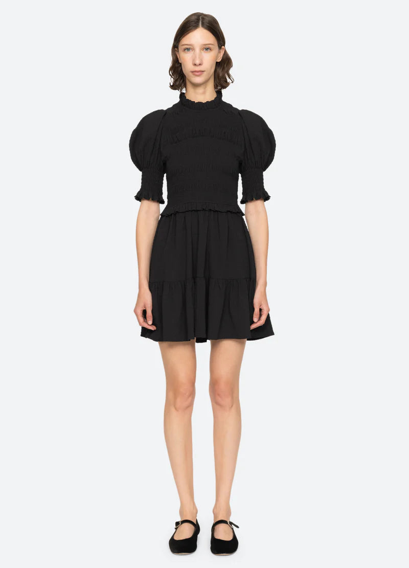 Regina Seersucker Puff Slv Smocked Dress - Svart