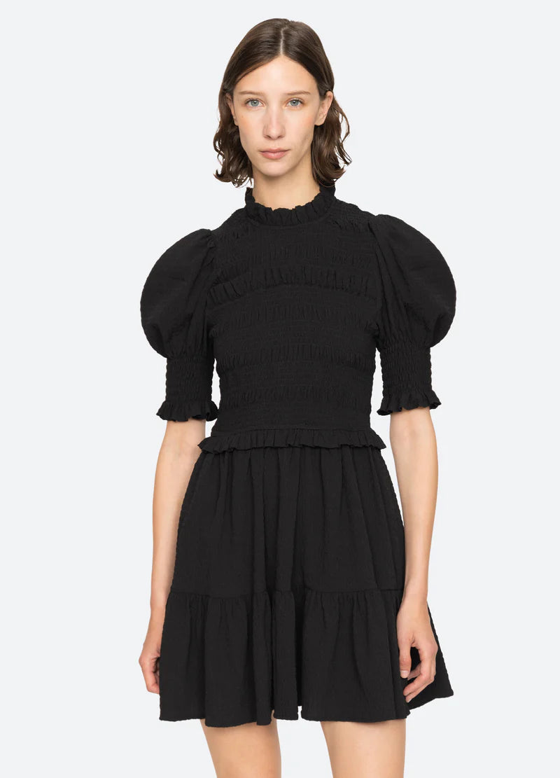 Regina Seersucker Puff Slv Smocked Dress - Svart