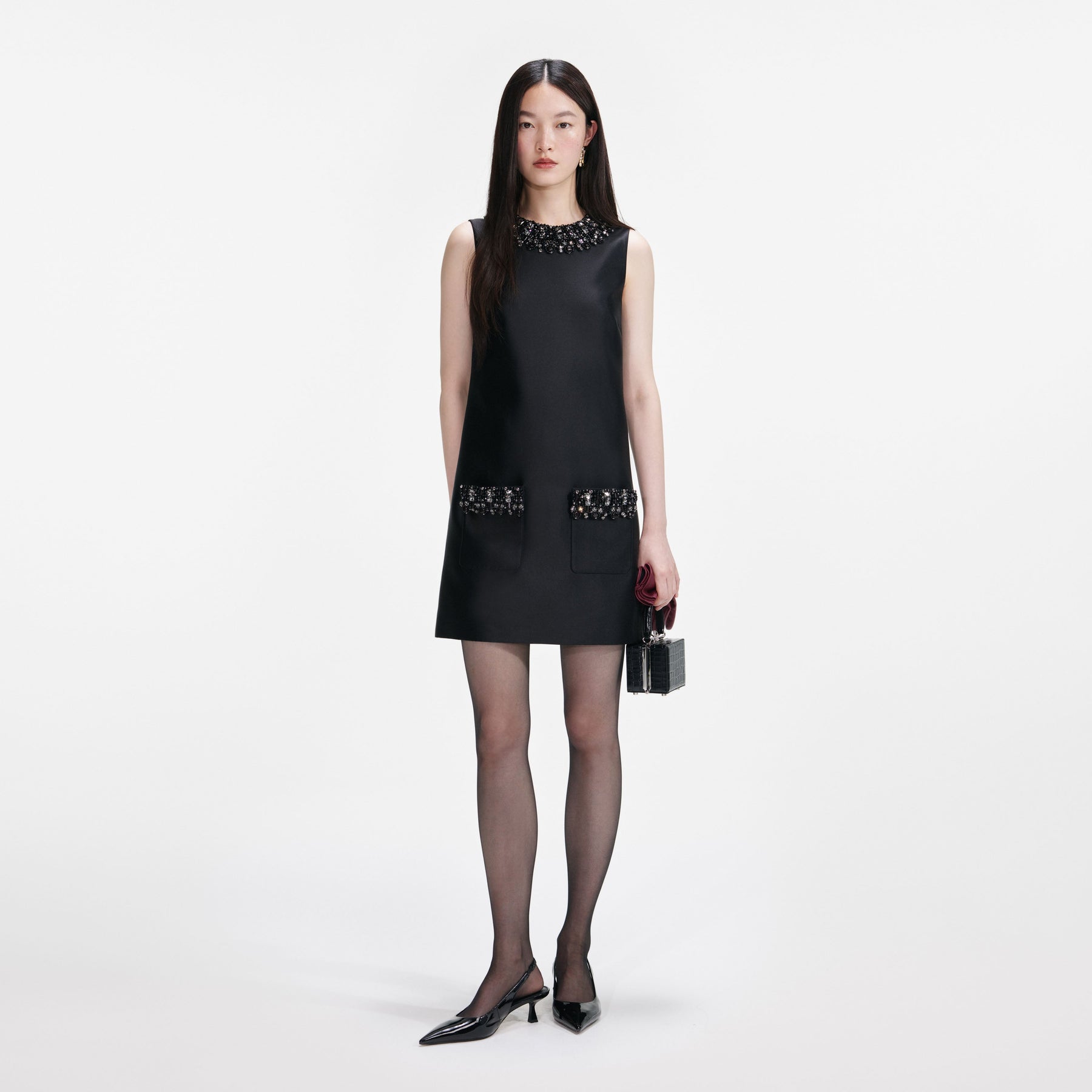Taffeta Embellished Trim Mini Dress - Black
